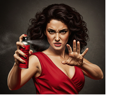 woman in red with pepper spray